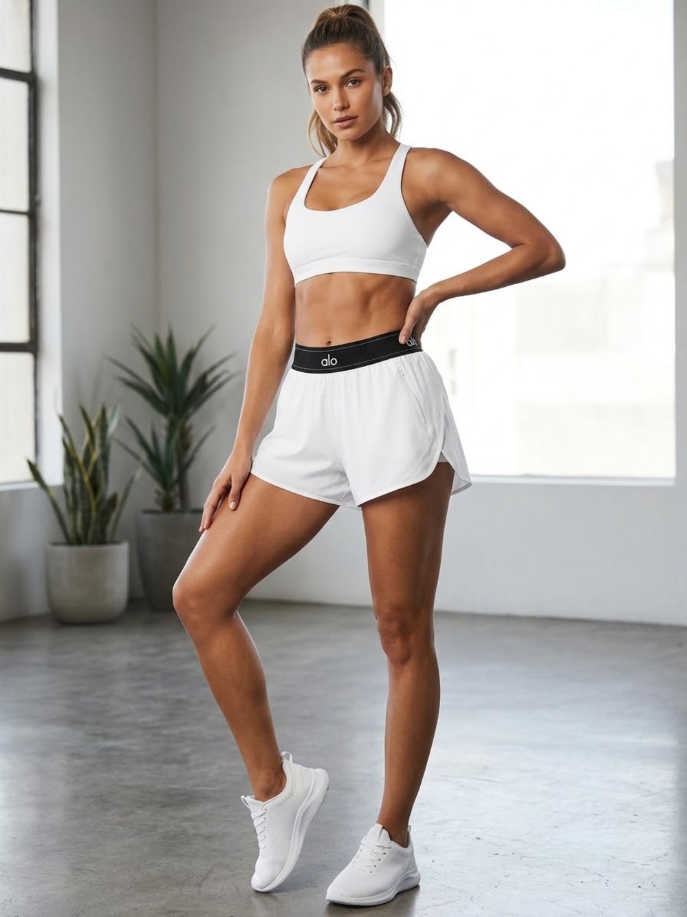ALO Yoga White Athletic Shorts with Black Elastic Waistband